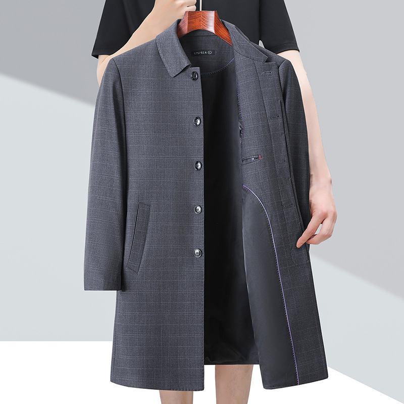 2026 Spring New Men's Trench Coat, Mid-Length, Plaid, Business Formal Jacket, Plus Size, Lapel Collar, Suitable for Middle-Aged Fathers