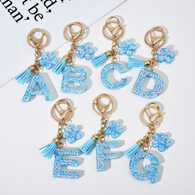 New Aurora Blue Sequin Filled English Letter Keychain Pendant Creative Flower Tassel Keychain Decoration