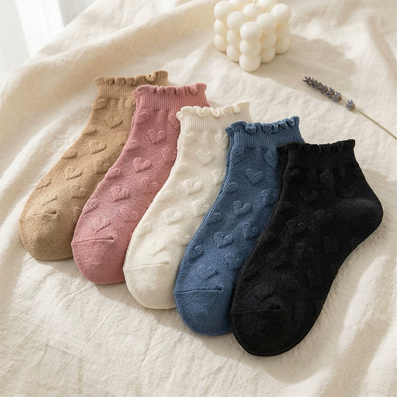 Knee socks, Lolita style, ruffled cuff with heart pattern, lightweight, one size