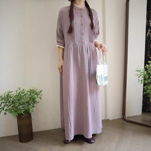 日系森系双层棉纱连衣裙夏季新款胸前风琴褶拼蕾丝花边半开扣长裙