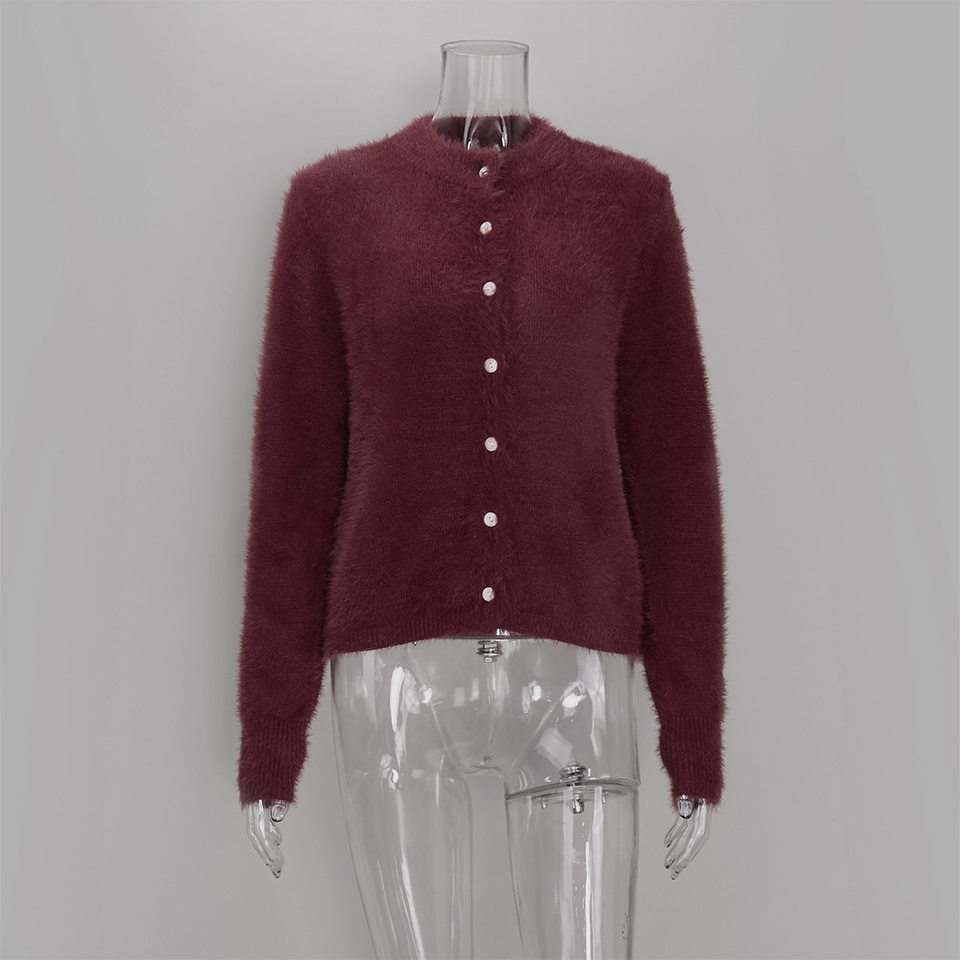 Áo khoác cardigan len nữ dáng ôm cổ tròn tay dài một hàng cúc chất liệu lông mềm mại — Màu hồng, Màu trắng, Màu xám nhạt, Xanh đậm chi tiết 46