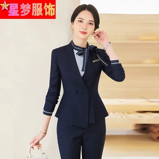 高端职业套装秋季女士长袖无领西装气质美容院店长正装酒店工作服