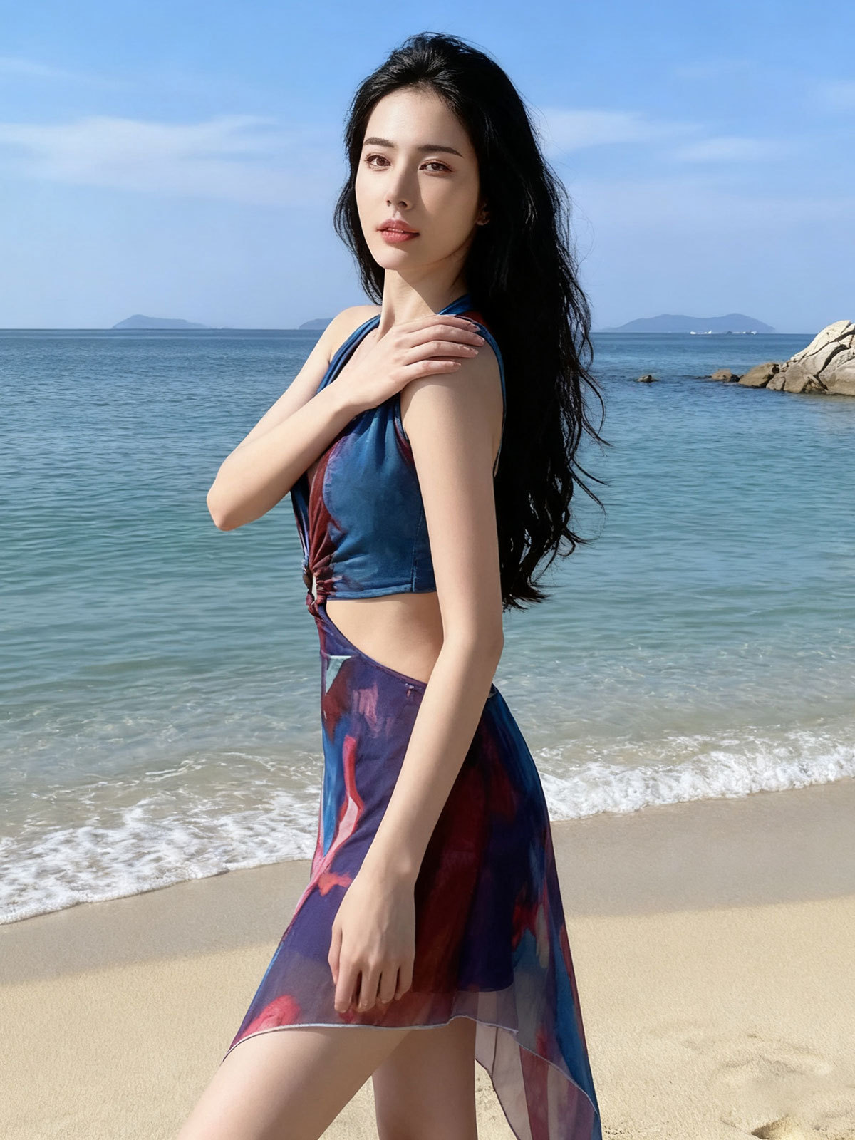 Traje de baño bikini dividido para viajes de vacaciones, isla de dopamina, cuello halter, vestido de baño con falda teñida de atar de estilo puro