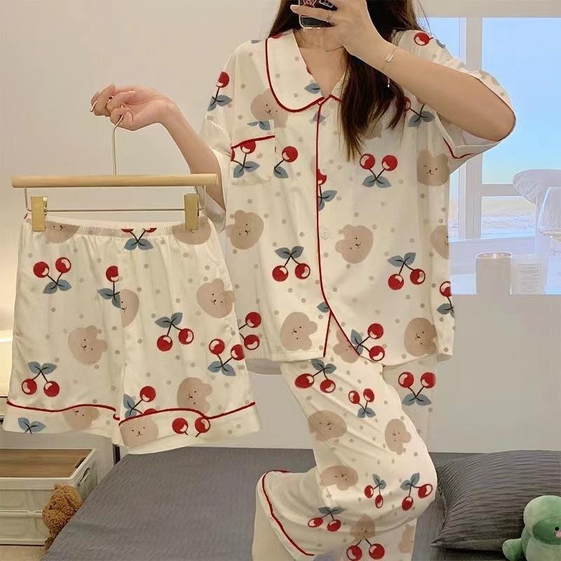 Pijamas para mujer 2025, nuevo conjunto de verano de tres piezas con pantalones cortos y largos, conjunto de ropa para estar en casa de verano para mujer que se puede usar en el exterior. image 8