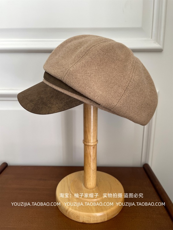 栗子拿铁~2025新款秋冬毛呢pu皮拼接贝雷帽女气质复古时尚八角帽|undefined