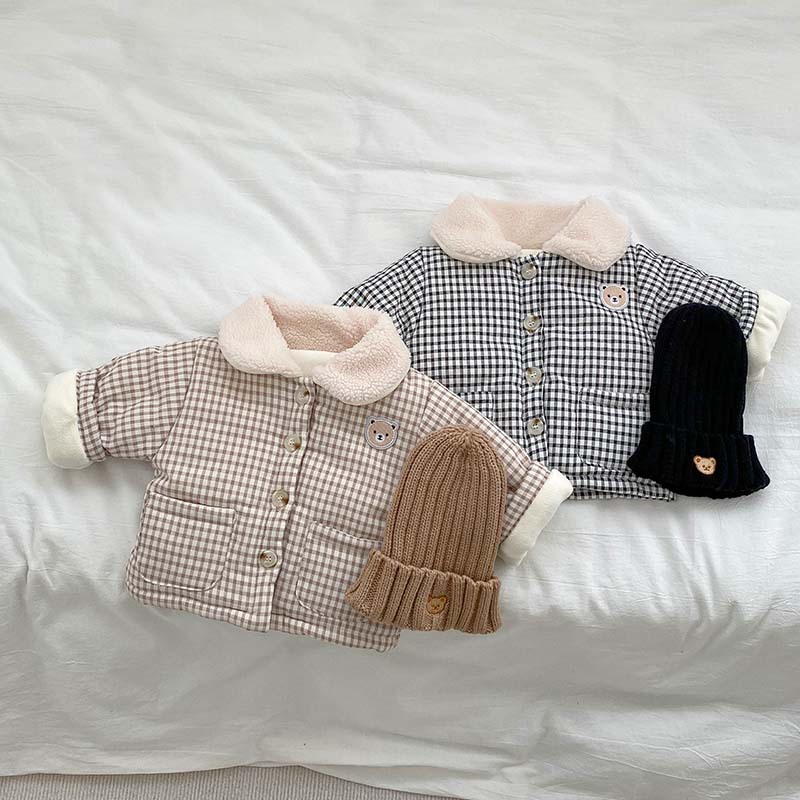 2023 abrigo grueso forrado de lana de invierno para hombres y mujeres abrigo de algodón acolchado para bebés solapa infantil Plaid cálido superior para niños