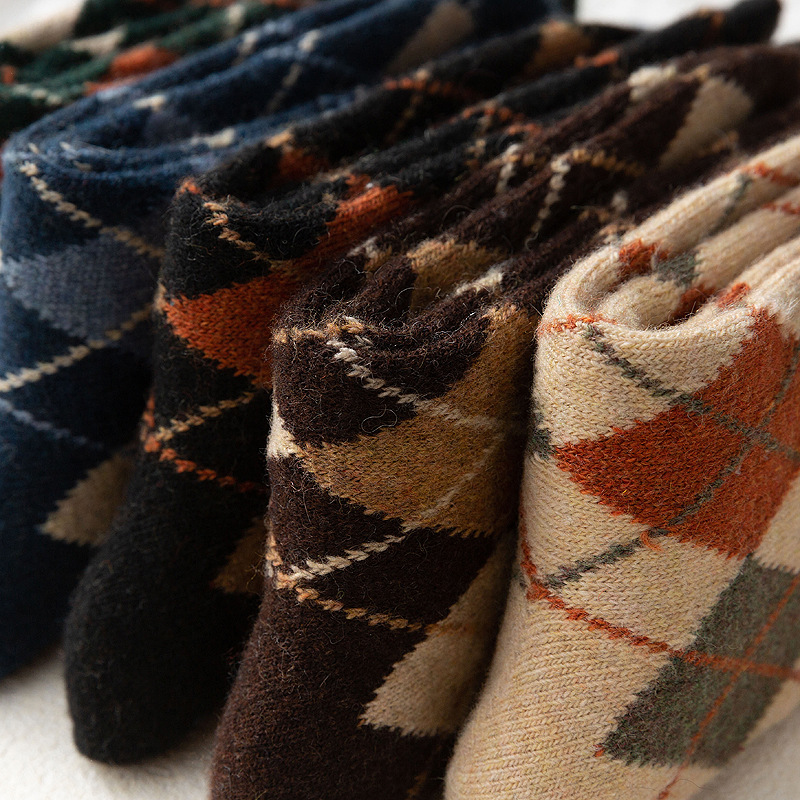 Woolen women in autumn and winter, diamond grid thickened warm middle tube pile for women's socks_voghion.com