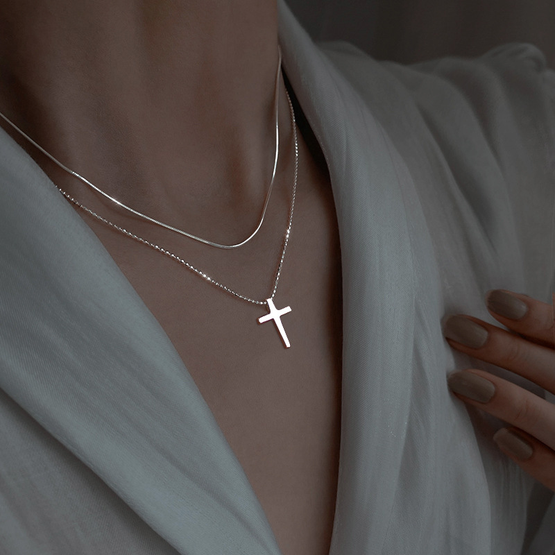 new simple cross pendant bead chain necklace cold style niche design snake bone chain necklace_voghion.com
