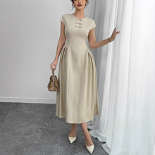 TEMU独立站外贸高级国风盘扣圆领收腰褶皱气质通勤宴会中长连衣裙