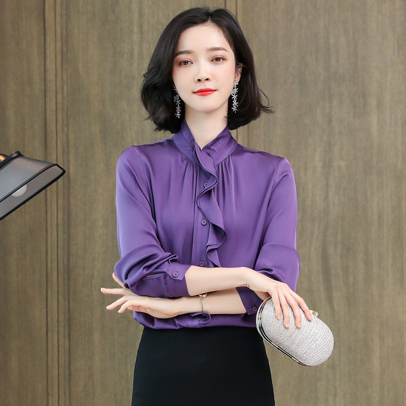 Spring and Autumn New High-End Silk Shirt for Women, Long-Sleeved Heavy Mulberry Silk with Ruffled Edges, Gentle and Intellectual T-Shirt