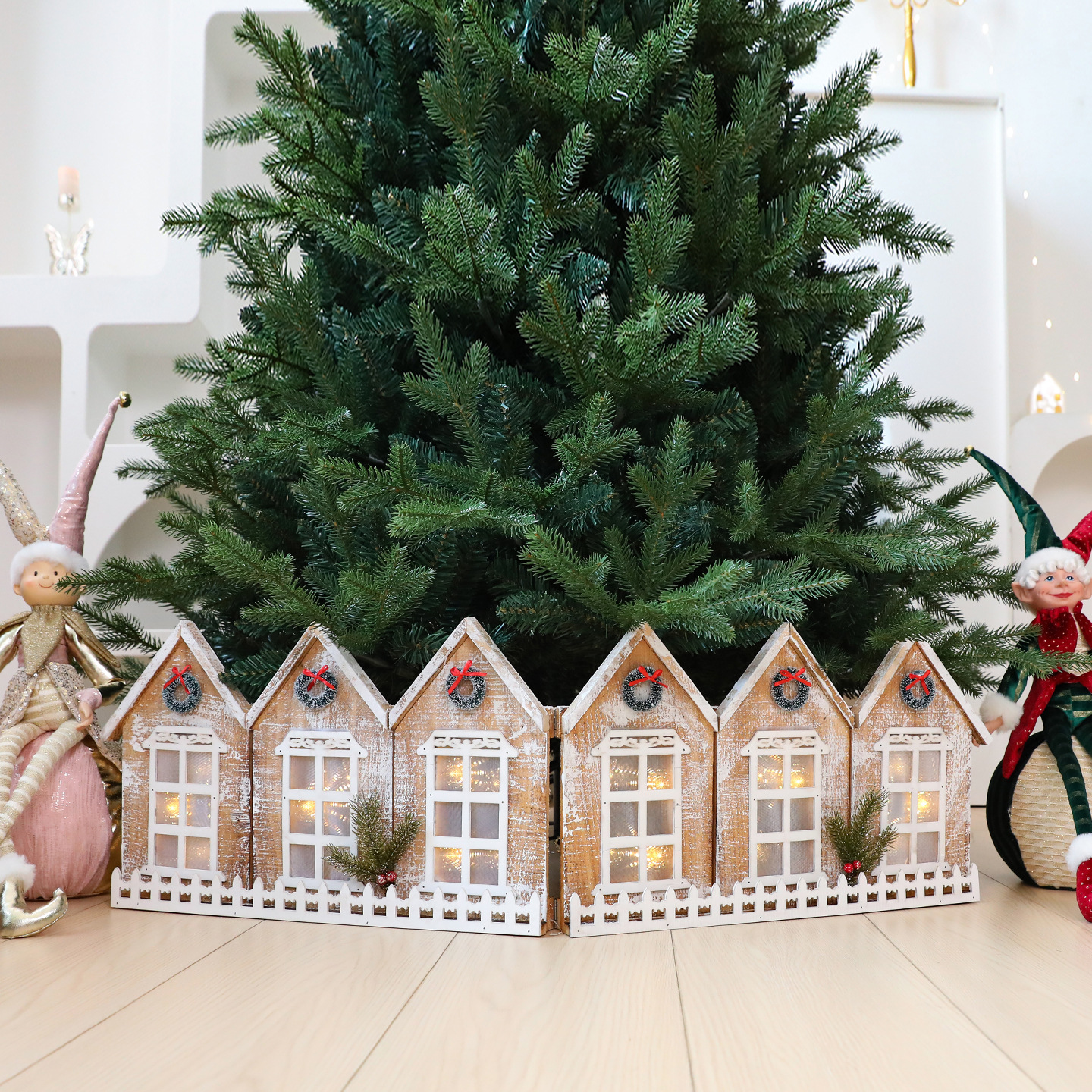 Shengyuan nuevo producto transfronterizo retro luminoso plegable nieve casa de madera valla de árbol de Navidad decoración de Navidad