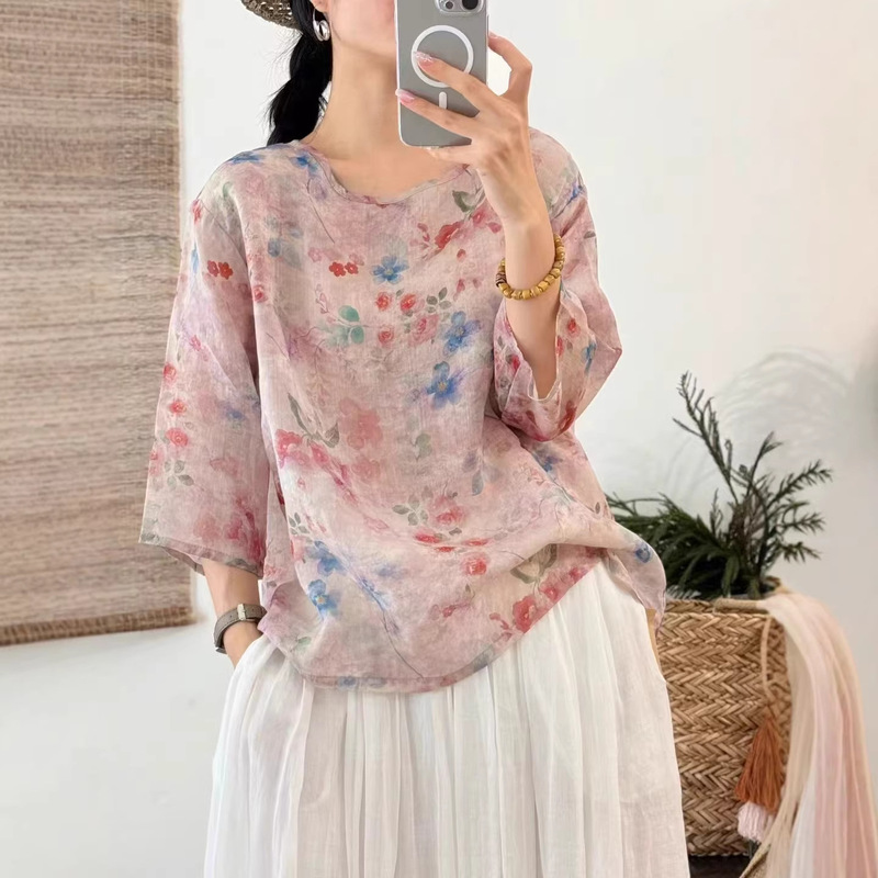 Linen Short-Sleeved Shirt for Women 2026 Summer New Chinese Style National Style Zen Retro Printed Pullover Top Linen Short-Sleeved Shirt for Women 2026 Summer New Chinese Style National Style Zen Retro Printed Pullover Top