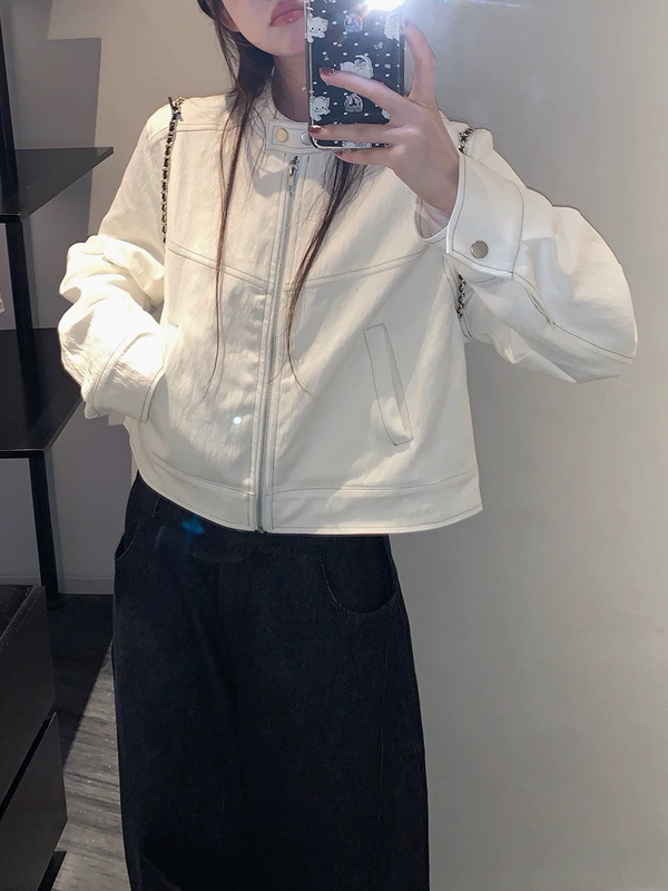 妮式look 立领明线设计感休闲夹克女秋韩系短款外套白色藏青色|undefined