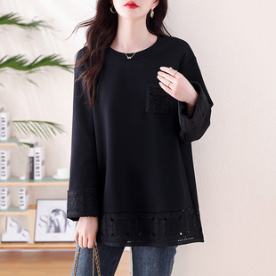 Plain Wood Casual Lace Black Long Sleeve T-Shirt Women's 2025 Spring and Autumn New Base Shirt European Station plus size Top