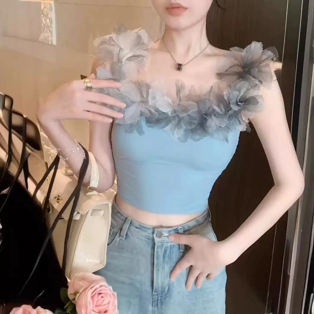 纯欲风性感花瓣修身吊带背心女2024夏季新款显瘦气质短款抹胸上衣