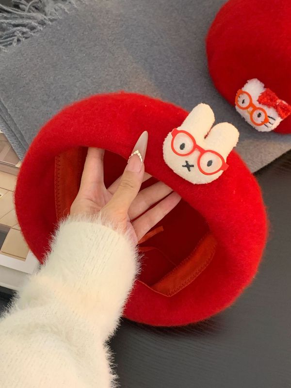 可爱卡通kitty猫红色贝雷帽女夏季薄款甜美显脸小八角帽画家帽子|undefined
