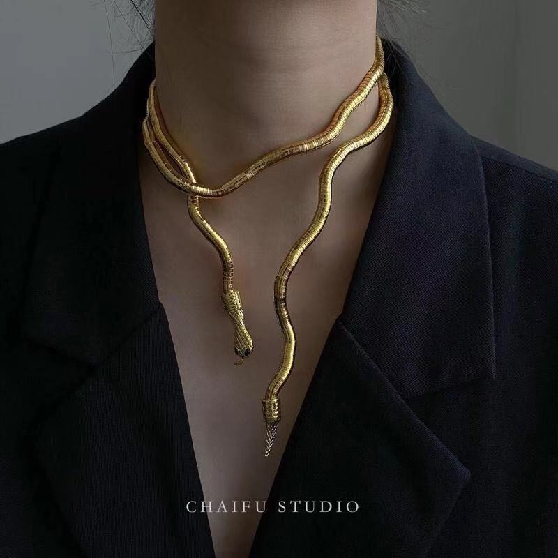 Cross-Border New Product Women's Snake Bone Chain Random Shape Collar Year of the Snake Necklace Cold Style High-End Snake Necklace Cross-Border New Product Women's Snake Bone Chain Random Shape Collar Year of the Snake Necklace Cold Style High-End Snake Necklace