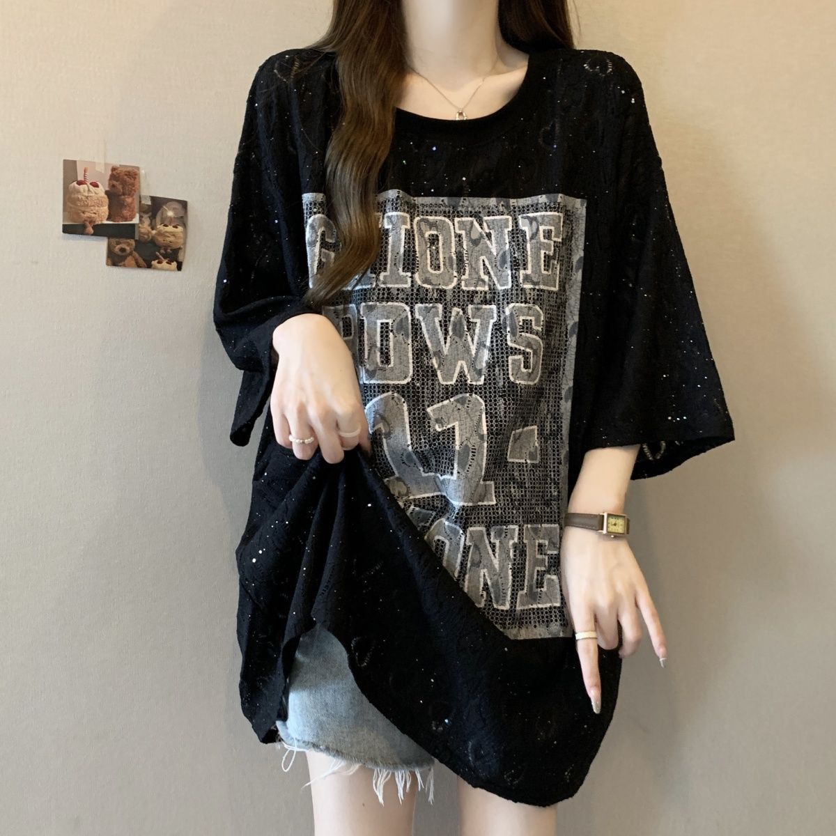Camiseta de manga corta de encaje gypsophila de gran tamaño para mujer 2024 verano nuevo estilo suelto y delgado mm top estampado para mujer ins