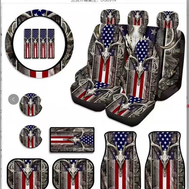 Универсальный комплект чехлов для автомобильных сидений Amazon Europe and America Temu, с принтом американского флага и оленя, 19 предметов, для экспорта.