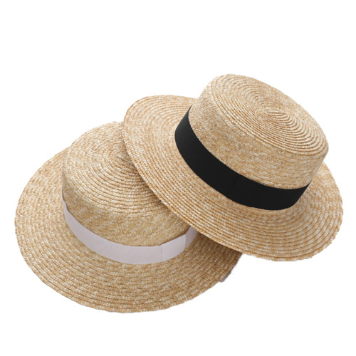 Flat-topped straw hat for women, summer casual vacation beach hat, wheat straw sun hat, British-style top hat