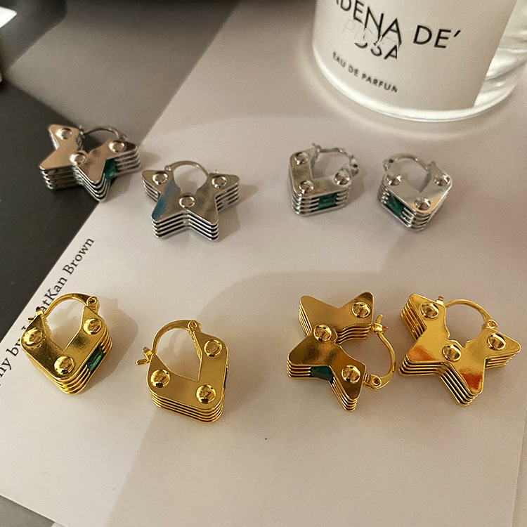 黃銅真金電鍍鋯石鑲嵌五角星三角幾何輕奢耳扣小眾設計感百搭耳環