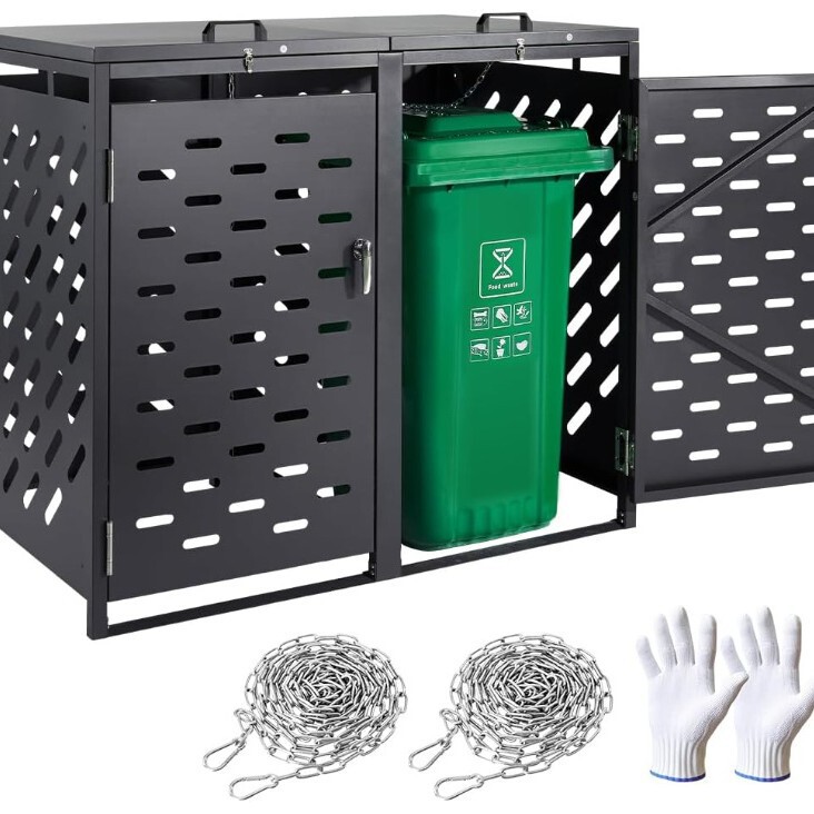 Trash Can Storage Room, 2 X 52.79-Gallon Storage Sheds, Horizontal Waterproof Outdoor Unit with Chain Lid Trash Can Storage Room, 2 X 52.79-Gallon Storage Sheds, Horizontal Waterproof Outdoor Unit with Chain Lid