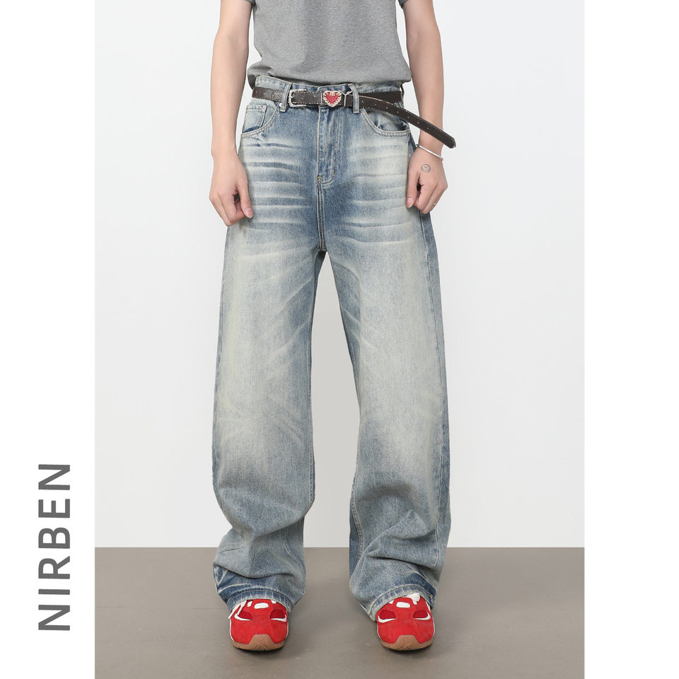Quần jeans nam ống rộng dáng thẳng lưng giữa, phong cách retro, dài chấm gót — màu xanh