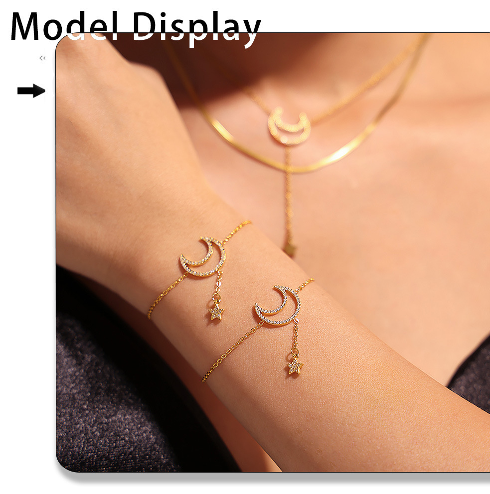 Square Sugar Starry Moon Set With Zircon Tassel Double Layered Clavicle Necklace, Feminine Style Bracelet, Titanium Steel Minimalist Set_voghion.com