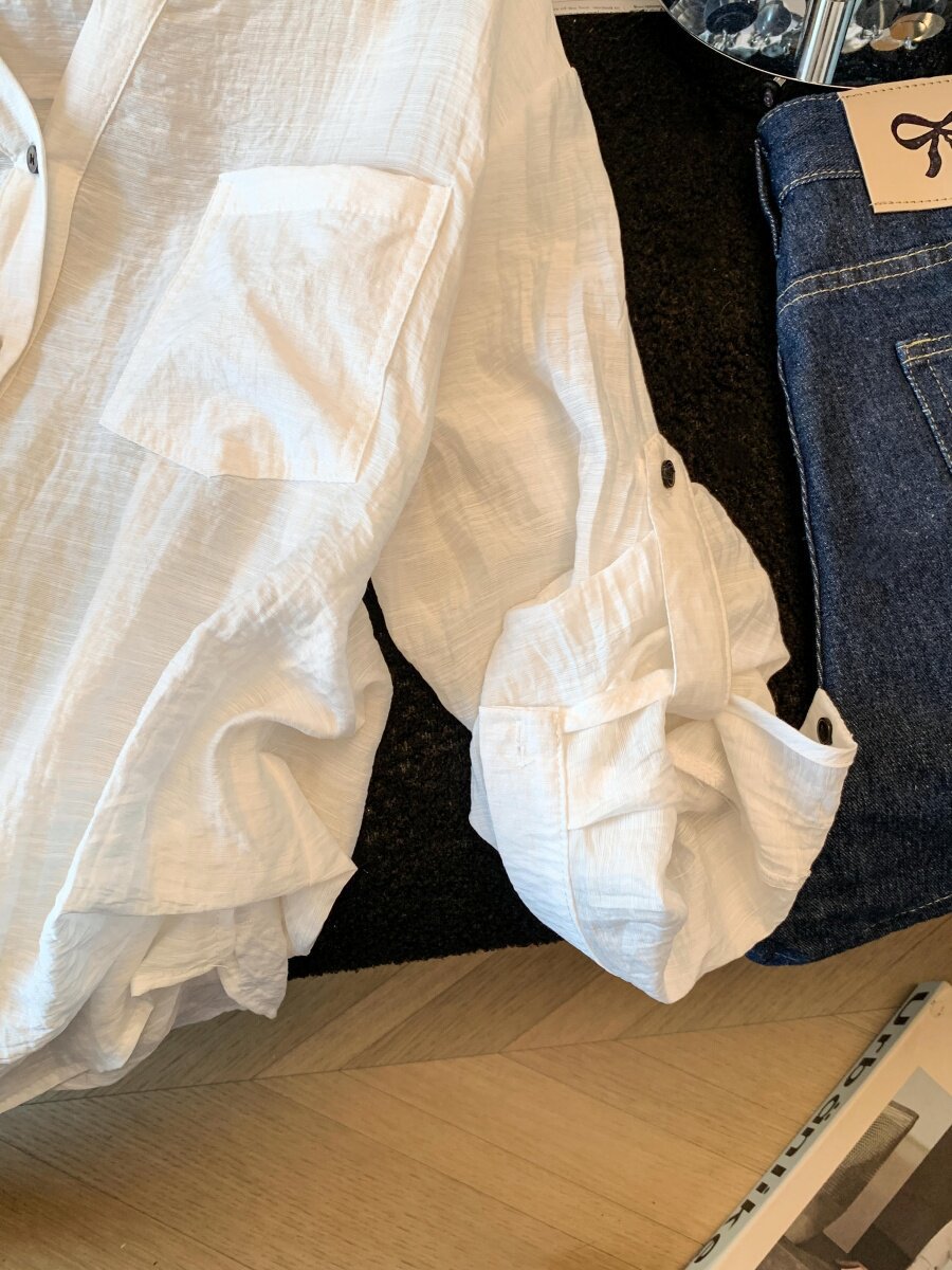 Áo sơ mi chống nắng nữ dài tay dáng rộng chất liệu linen thoáng mát — xanh lam chi tiết 4
