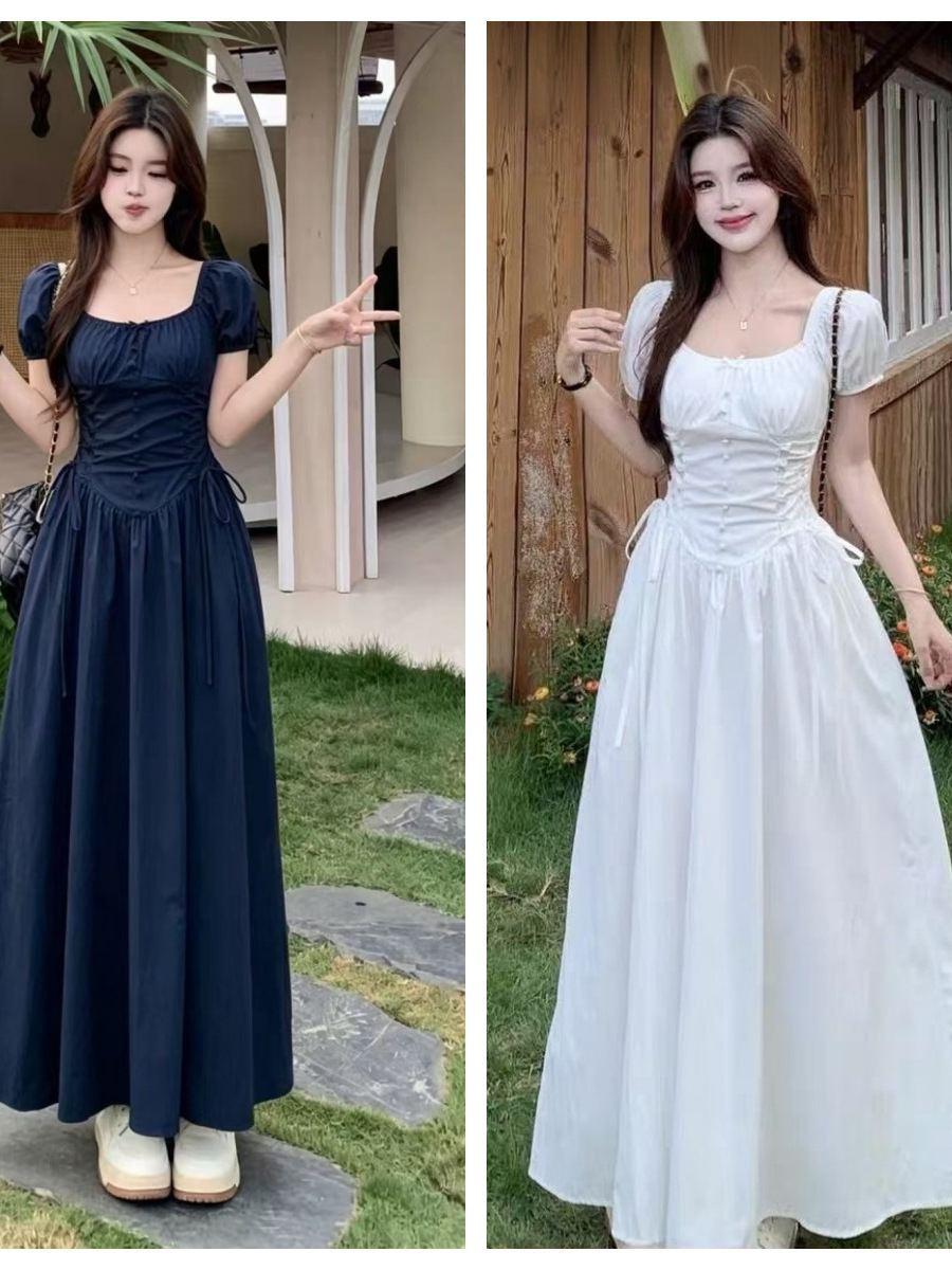 Plus-Size Summer French-Style Square-Neck Design with Tie-Waist Strap Dress, Long A-Line Dress for Women