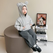 女童秋冬可爱耳朵加绒卫衣套装秋装男女宝宝儿童洋气超萌连帽上衣