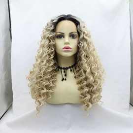 化纤前蕾丝头套T棕/金色自然小卷发自然发际线高温丝假发女现货