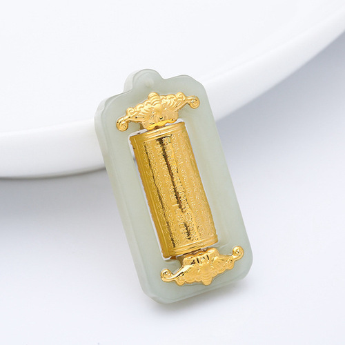 Gold-inlaid Jade Turnover Bead Pendant, White Jade and Mottled Jade 