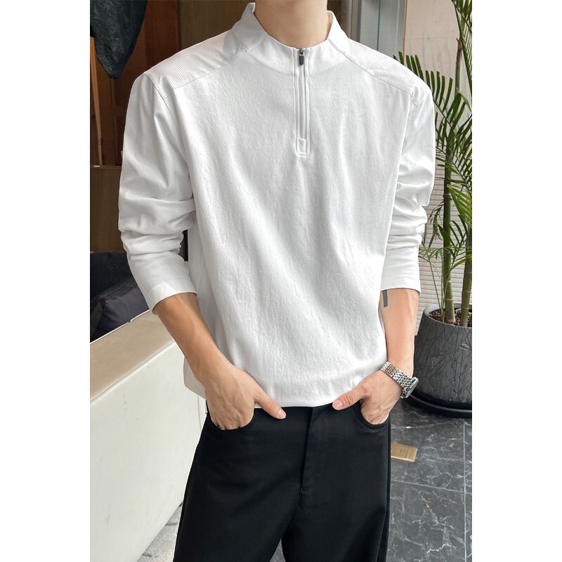 Stand-up collar half-zip long-sleeve T-shirt for men, spring and autumn textured casual top, simple solid color raglan sleeve base shirt Stand-up collar half-zip long-sleeve T-shirt for men, spring and autumn textured casual top, simple solid color raglan sleeve base shirt