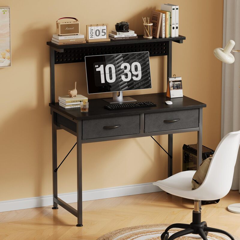 Small Office Desk with Drawers, Computer Desk with Power Outlet and Led Light, Gaming Desk with Adjustable Stand and Pegboard