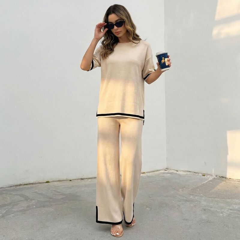 European and American Cross-Border Amazon Summer New Color-Blocking Knit Set Sweater Set Short-Sleeve Pullover Casual Wide-Leg Pants European and American Cross-Border Amazon Summer New Color-Blocking Knit Set Sweater Set Short-Sleeve Pullover Casual Wide-Leg Pants