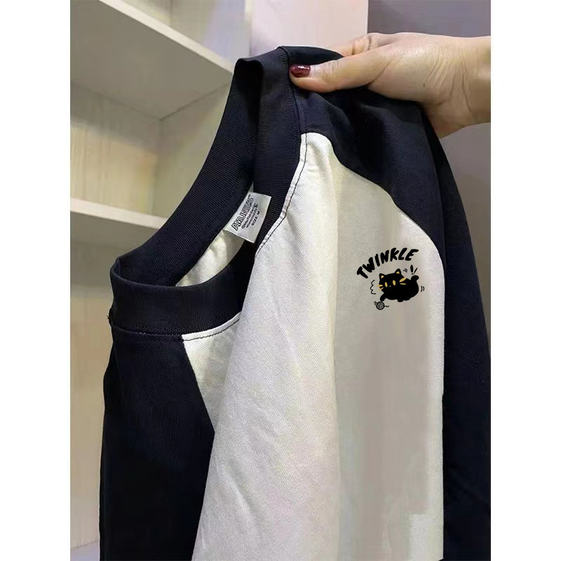 アメリカのレトロな色の肩の長袖の綿のtシャツの男性の秋のファッションのブランドのinsのゆったりしている底のシャツのカップルの上で服を着ます。|undefined