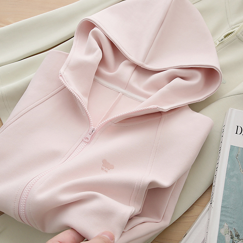 Autumn Cardigan Zipper Slimming Look Sports Style Hooded Sweatshirt Women's Pink Jacket Spring and Autum Casual Long-Sleeved Top