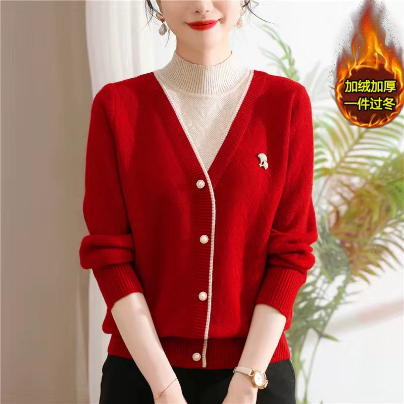 Зимняя мама плюс бархатный свитер средний и пожилой вязаный свитер женский топ утолщение, теплая свекровь красная одежда