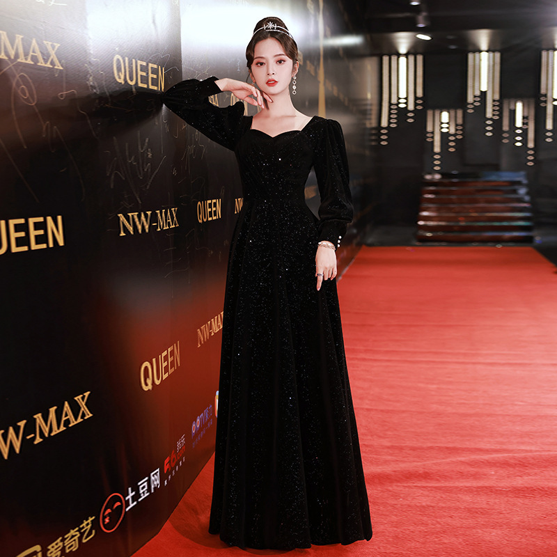 Black Velvet Evening Dress 2026 New Long-Sleeve Socialite Long Gown Student Art Exam Graduation Evening Dress Annual Meeting Runway Show