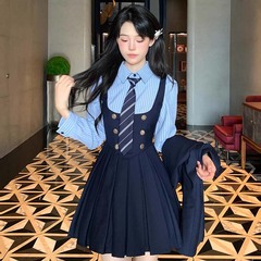 送领带学院风蓝色条纹衬衫拼接假两件连衣裙2025秋季新款制服套装