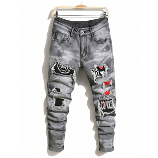 H 99005 Ripped graffiti men's straight jeans �ƶ��T�fţ��ֱ
