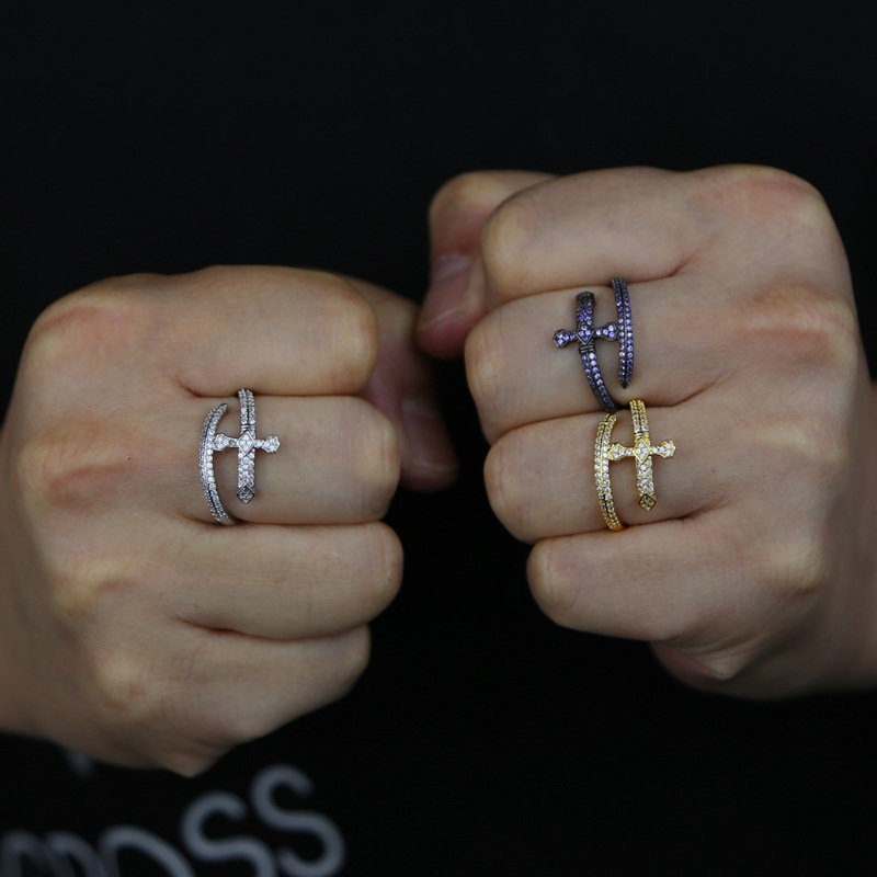 Hip-Hop Cross Rhombus Copper Inlay Zircon Open Ring 1 Piece