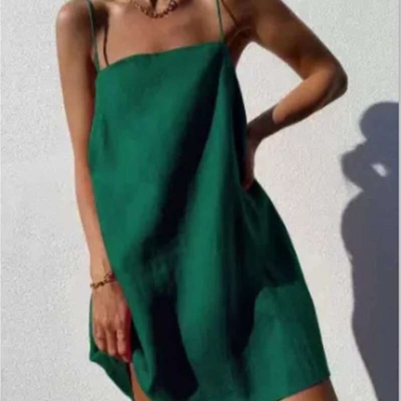 [in Stock] European and American Cross-Border Women's Clothing/Bohemian Cotton and Linen Strap Pocket Dress