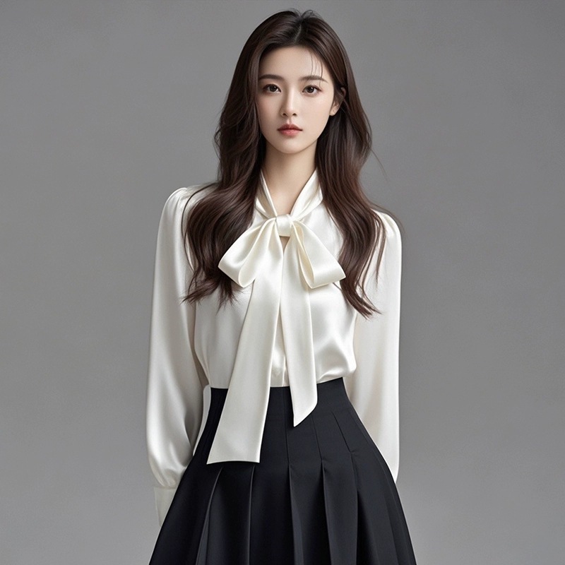 2025 Spring and Autumn New High-end Elegant Ribbon Bow Shirt Women's Long-sleeved Professional Education Wearing White Shirt