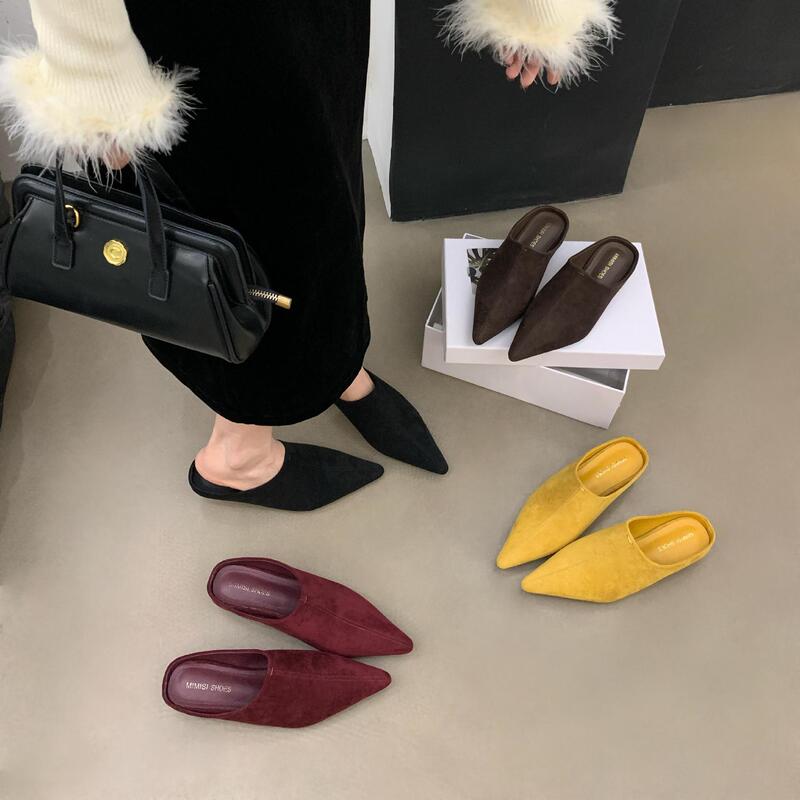 Baotou Half Slippers Women's Shoes for Outer Wear 2025 Summer New Low-Heeled French Retro Pointed Toe Lazy Mule Shoes Autumn