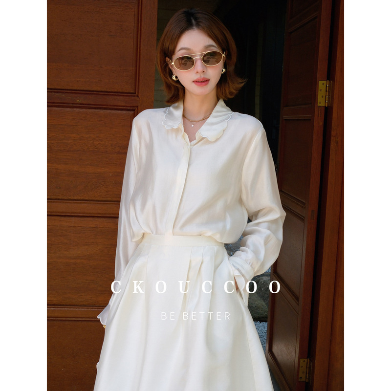 Rongtai Salt Series Three-Dimensional Cut Mulberry Silk Tencel Rayon Women's Shirt with Lace Collar and Shell Buttons Fashionable Top Rongtai Salt Series Three-Dimensional Cut Mulberry Silk Tencel Rayon Women's Shirt with Lace Collar and Shell Buttons Fashionable Top