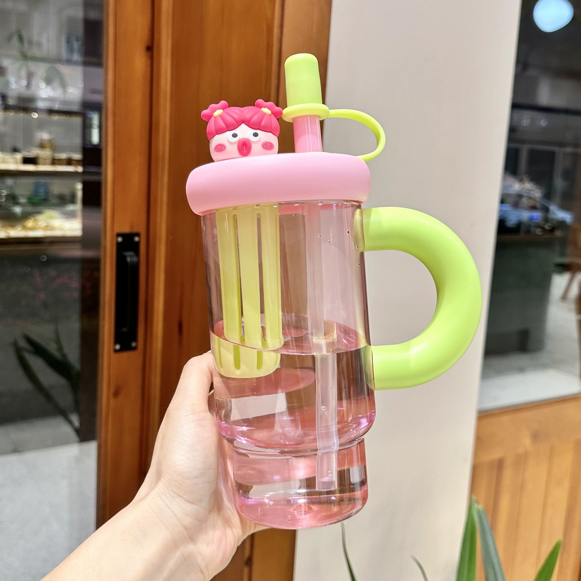 Capacious cartoon cute straw with glass for students, plastic handle