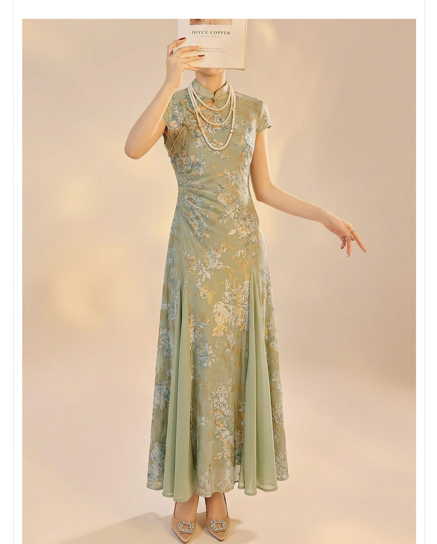 Váy sườn xám cổ đứng họa tiết jacquard chạm rỗng phong cách Tân Trung Hoa mùa hè — Xanh lá cây nhạtcolor chi tiết 14