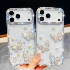 闪粉珍珠蝴蝶适用iPhone17Air苹果16E手机壳15promax奢华闪钻跨境
